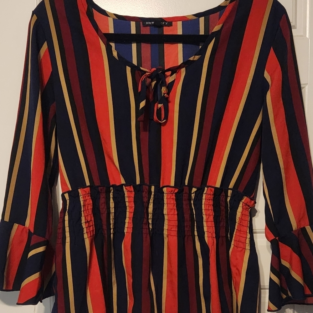 New Glory Vibrant Striped Blouse with Peplum Waist And Bell Sleeves Medium